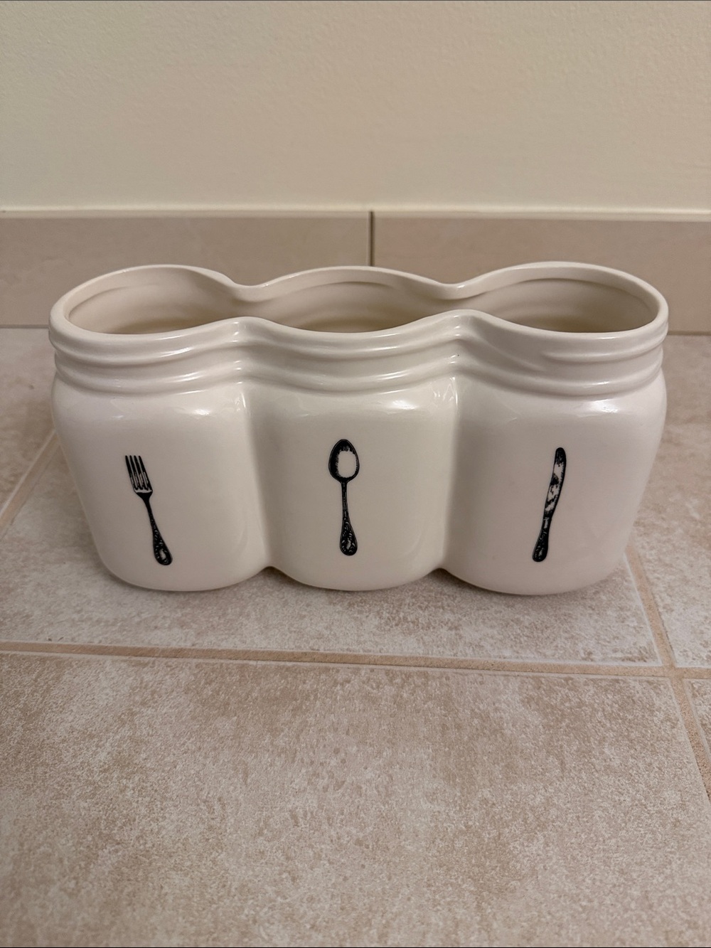 Ceramic Utensil Holder - White with Black Cutlery Motif decor or planter